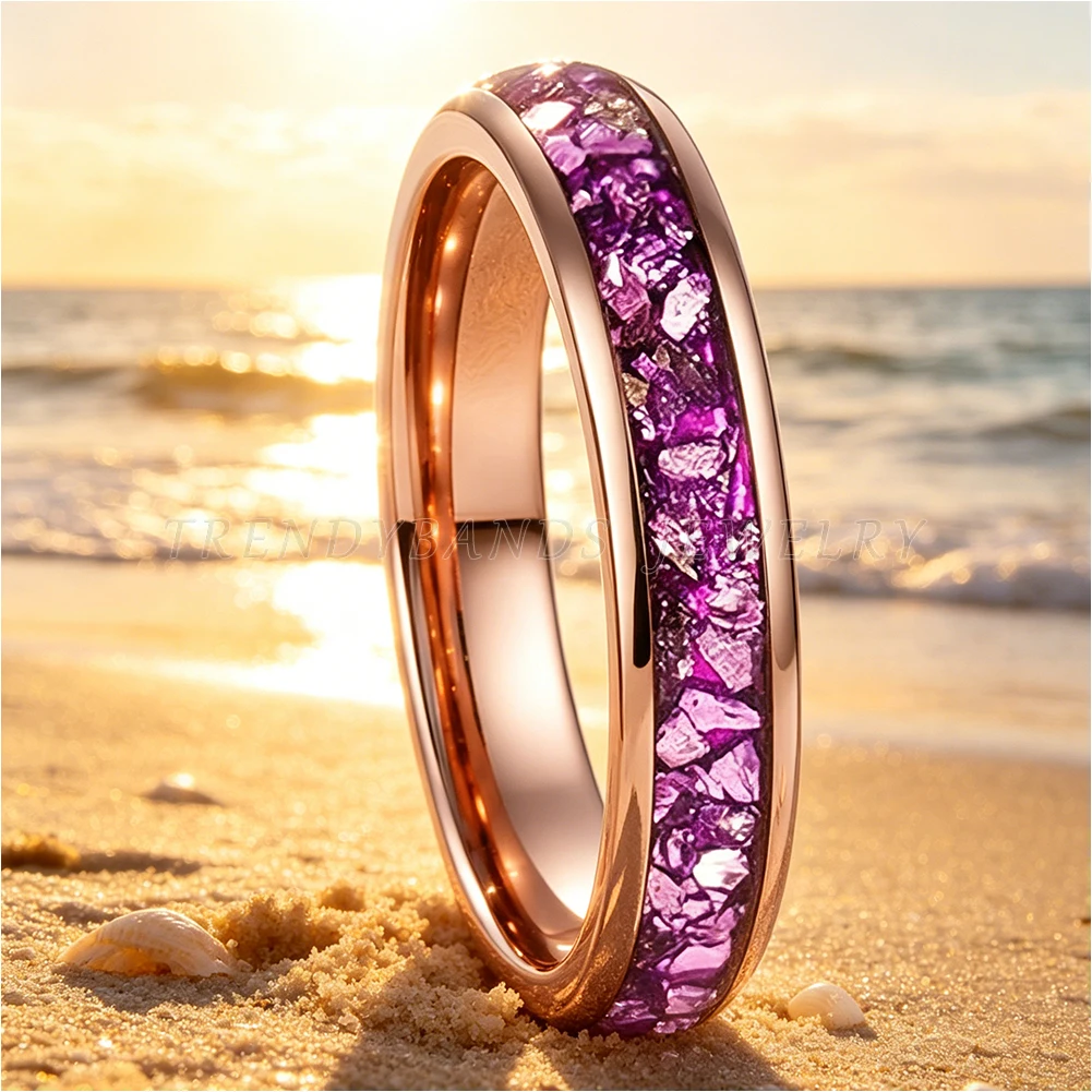 4mm Wolframcarbid-Ring für Herren und Damen, Ehering, Verlobungsschmuck mit Lila Kristallstein-Einlage, Komfortabler Sitz – Detail 3