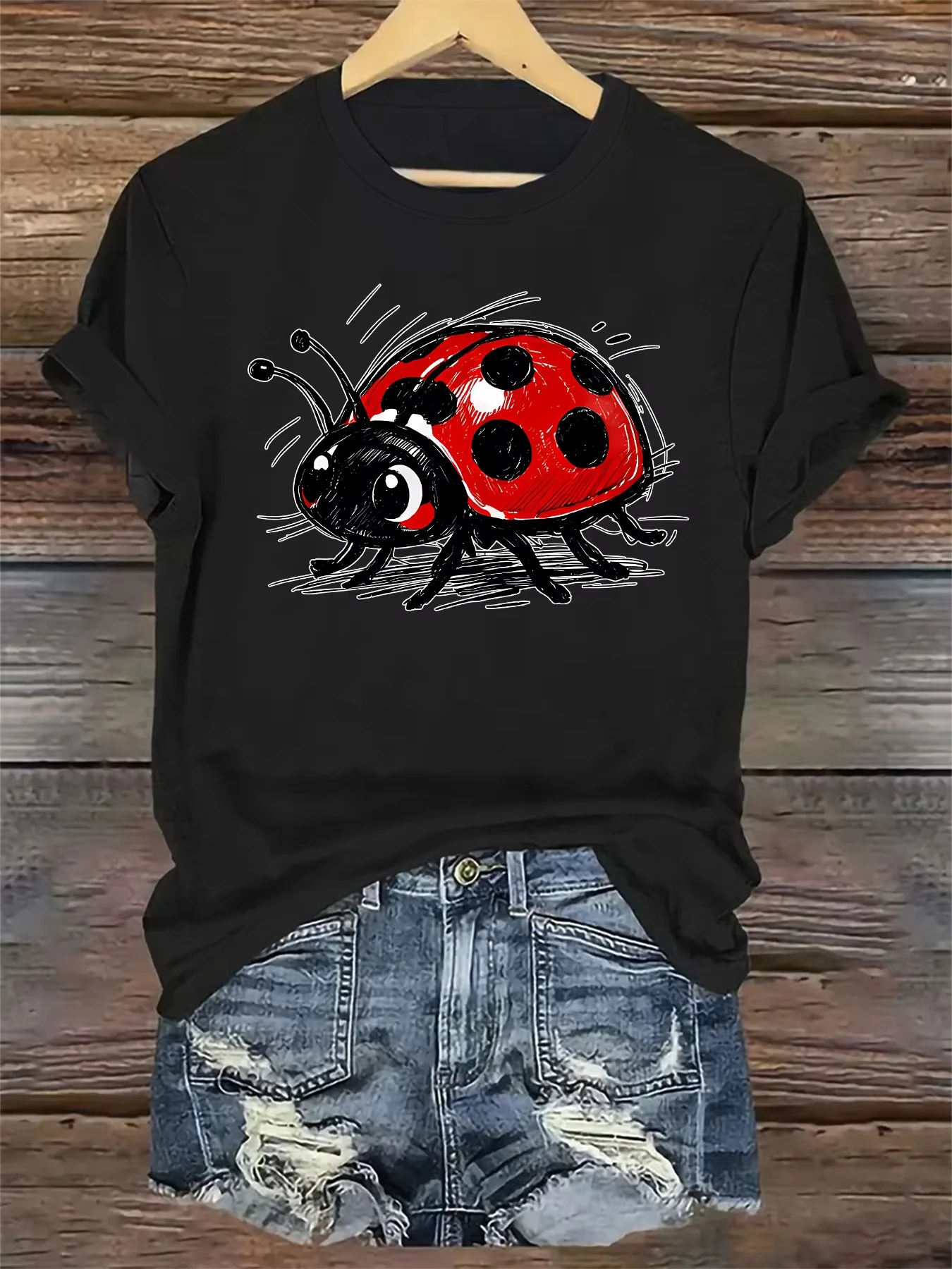 Unisex T‑shirt Cute Ladybug Sketch Graphic Tee Crew Neck Short Sleeve Cartoon Insect Print Casual Daily Streetwear Top