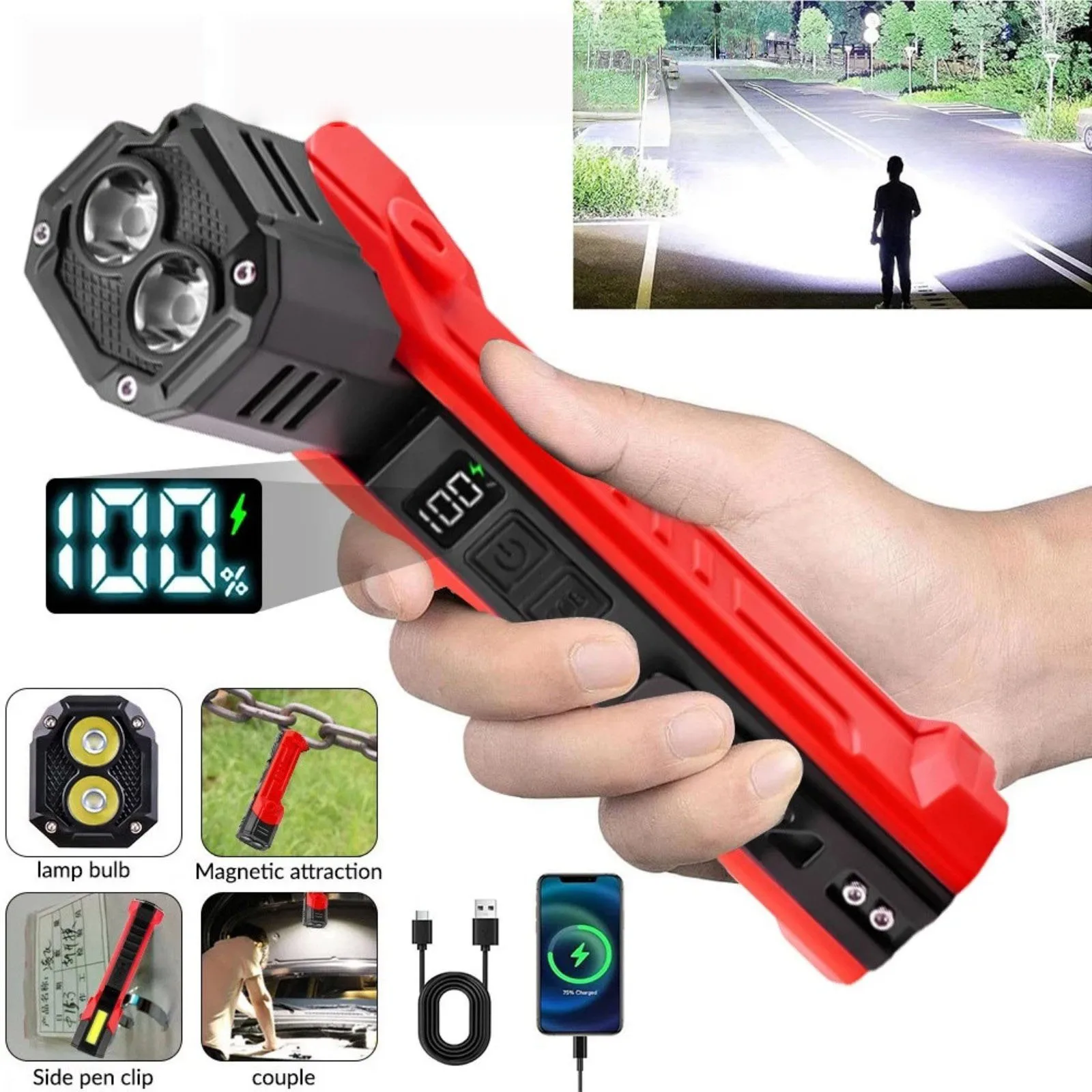 Rechargeable Magnetic Work Light 600LM 1500mAh, 180° Adjustable USB-C COB LED Floodlight for Car Repair