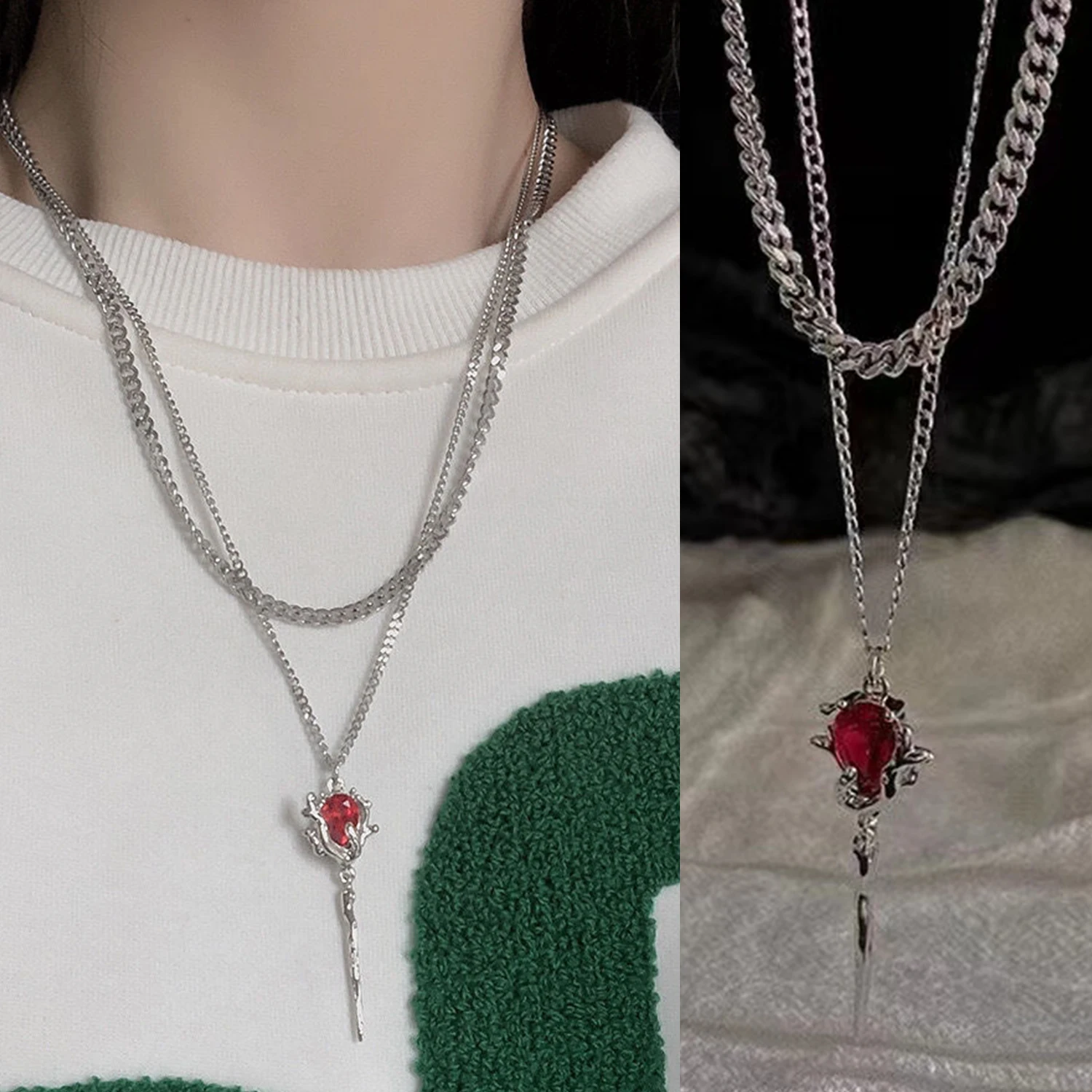 Double Layer Red Zircon Rose Pendant Necklace Y2K Layered Flower Stone Chain Necklaces Irregular Floral Egirl Necklace