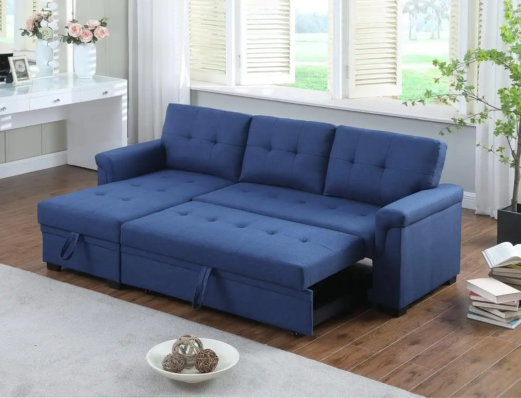 Home Lucca Blue Linen Reversible Sleeper Sectional Sofa with Storage Chaise