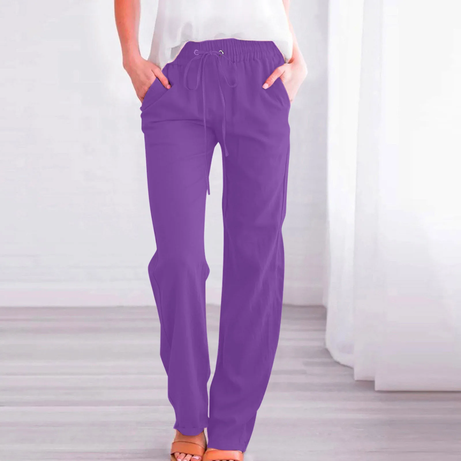 Pantalones informales con cordón para mujer, pantalón holgado de pierna ancha y cintura alta, Color sólido, moda Simple, todo largo, 2024