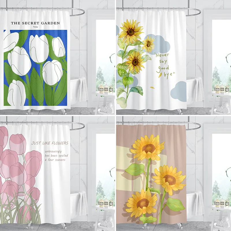 Pastoral Flower Printing Waterproof Curtain Semi-Shading Shower Partition Curtains Cloth Window Screen for Bedroom Living Room