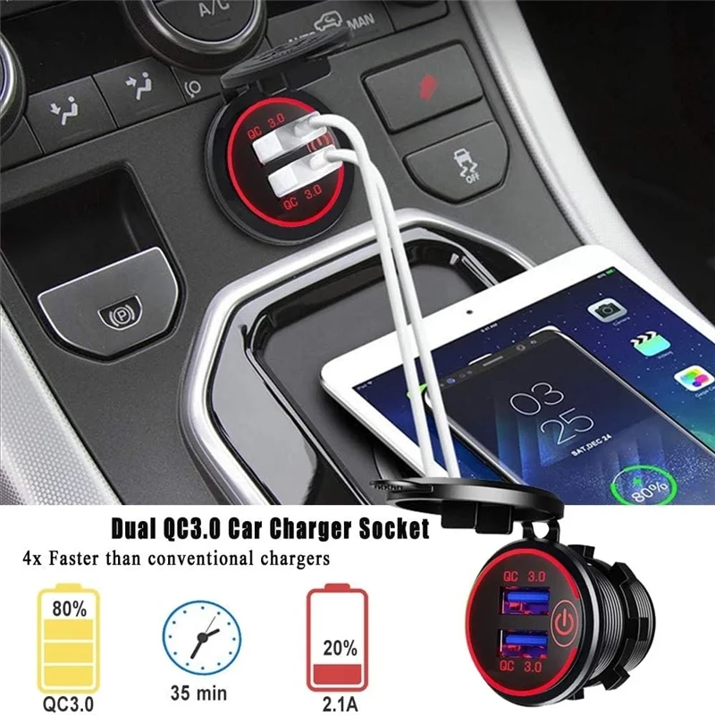 

12V/24V Dual USB Car Fast Charger QC 3.0 Socket Power Outlet LED Voltmeter Waterproof