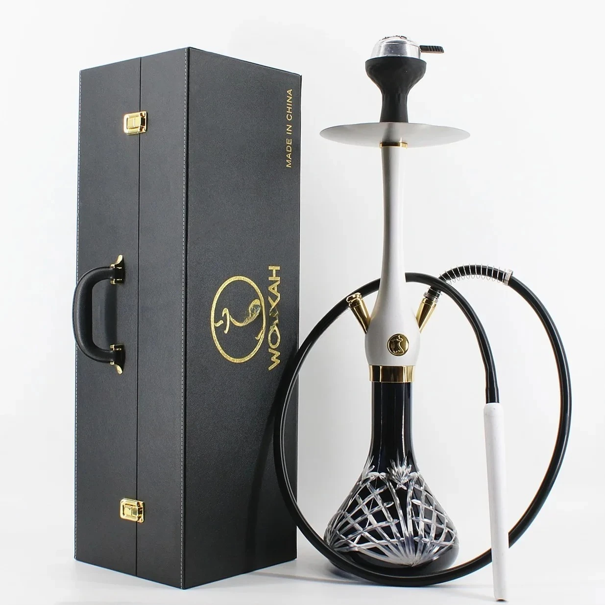 خرطوم واحد زجاجي من الفولاذ المقاوم للصدأ مخصص، شيشة كبيرة الحجم، تغليف صندوق هدايا جلدي فخم