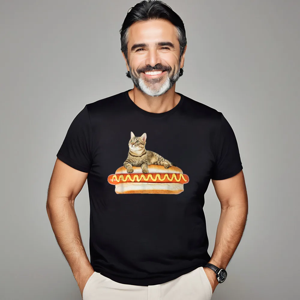 Funny Hot Dog Cat Tshirt Tees Cute O Neck Design Short Sleeve Cotton Fabric Mens Tshirts Slogan T-Shirt