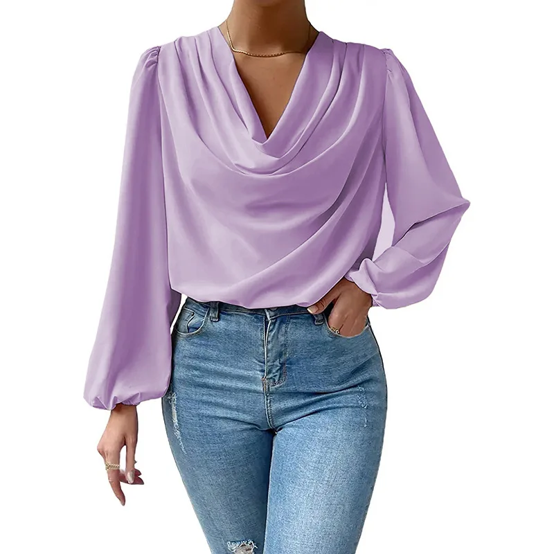 Blusa holgada de chifón para mujer, camisa de manga larga con cuello redondo, estilo informal, elegante, a la moda, para oficina, 2022, 23671