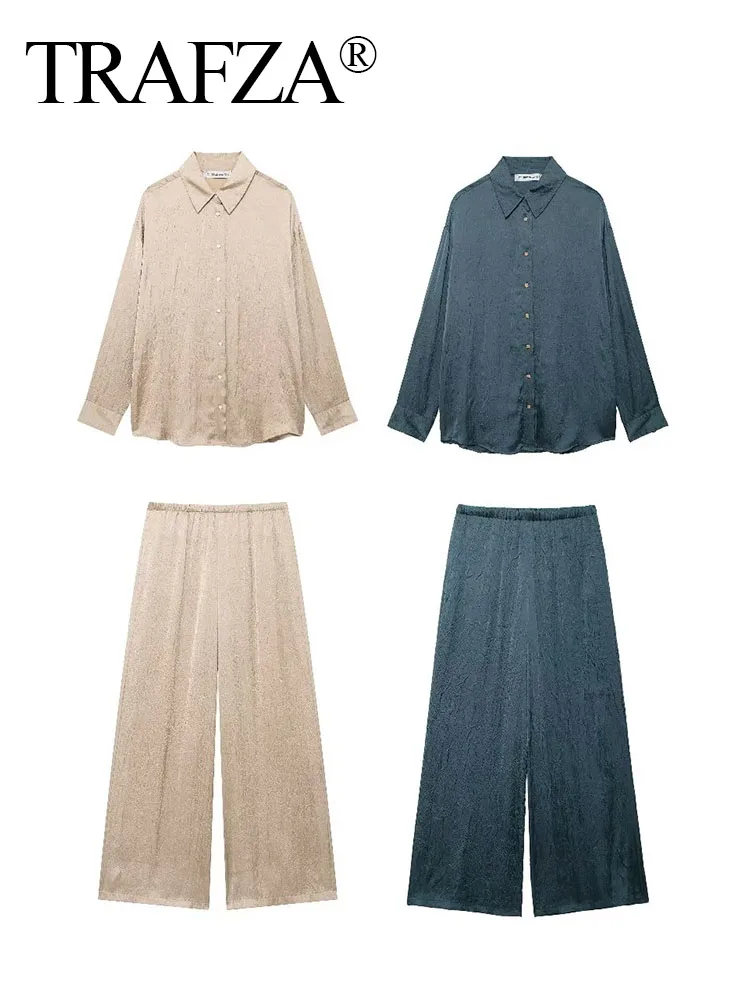 TRAFZA-Ensemble Chemise et Pantalon à Taille artificiel astique pour Femme, Couleur Unie, Simple Boutonnage, Revers, Manches sulf, Poches à la Mode, 2 Pièces