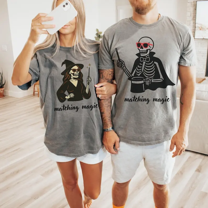 Matching Magic Skeleton Couple Shirt Cute Halloween T-Shirt for Couples Fall Spooky Season Outfit for Him and Her Ghost Love Tee