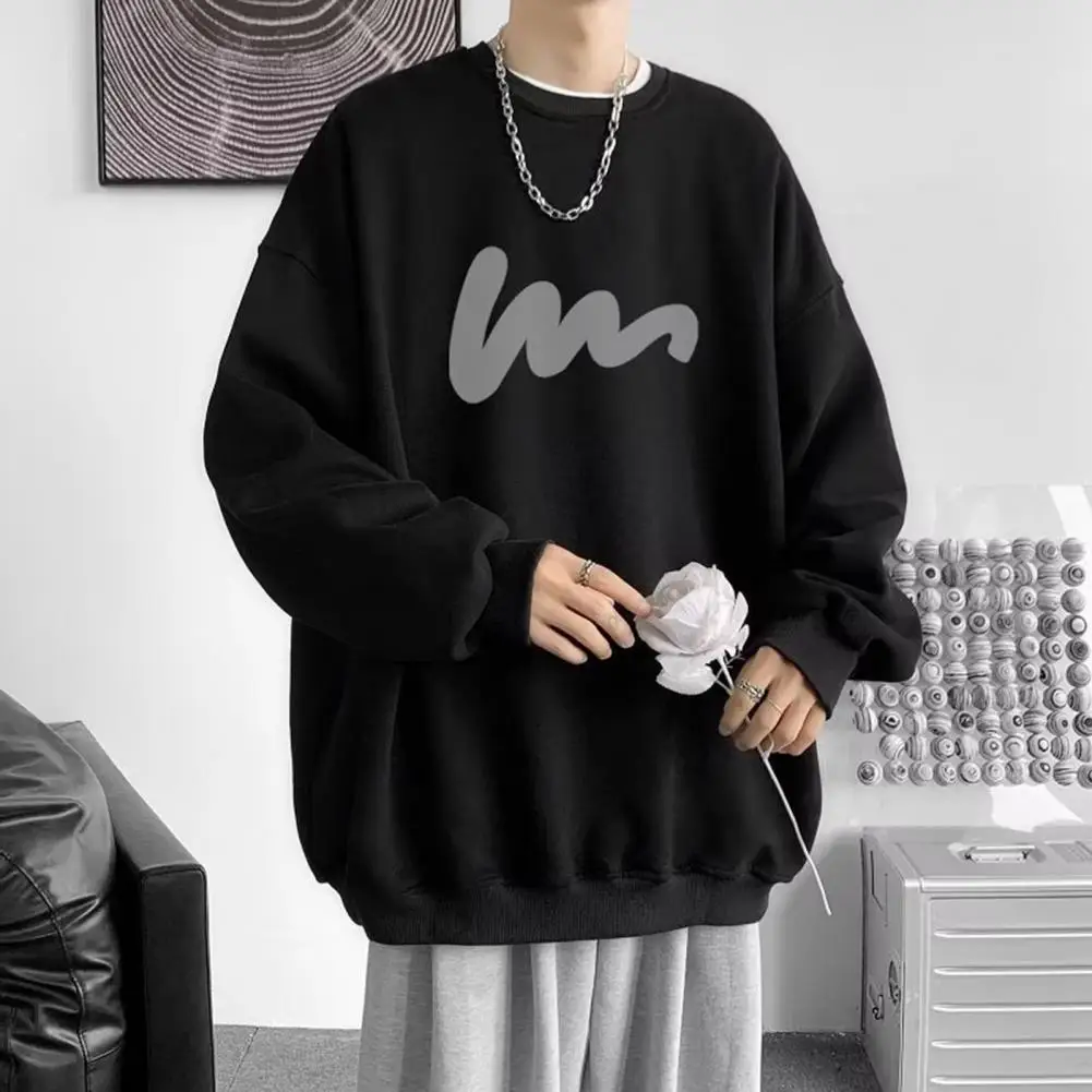 Printed Sweatshirt Men's Printed Loose Hop Streetwear Sweatshirt Thickened Long Sleeve Pullover with Elastic Cuff Hem for Fall