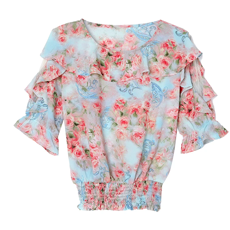 Summer Casual Women blouse 2024 Round neck Fashion Floral Printed Chiffon Shirt Patchwork Ruffles Mesh Tops