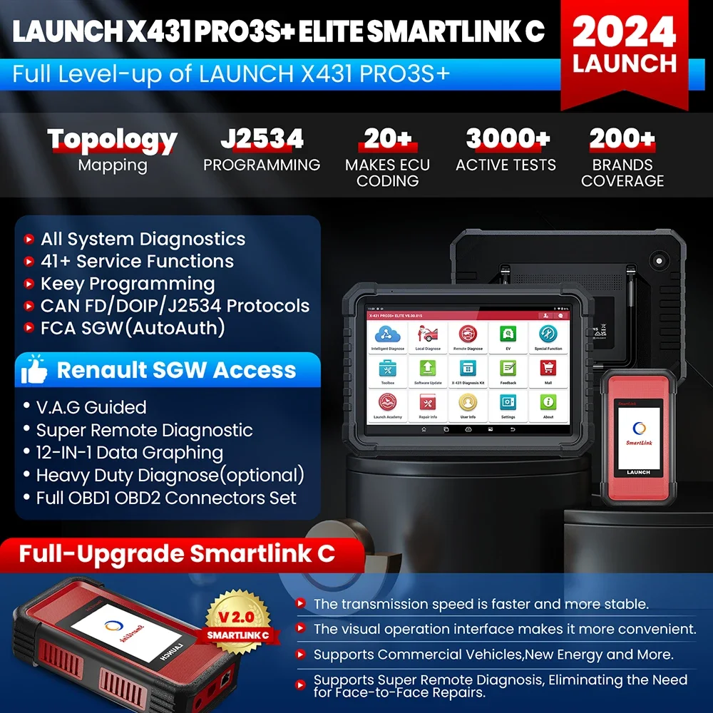 2024 NEW LAUNCH X431 PRO3S+ Elite Bidirectional Scan Tool with Smartlink C J2534 Programming OEM Topology Map 50+Service