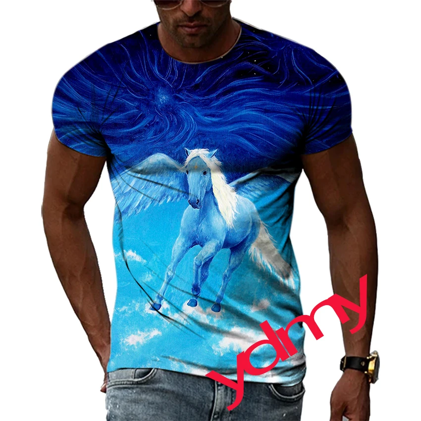 Tide Fashion Summe Magic White Horse Picture Men's T-shirt Casual Print Tees Hip Hop Personality Round Neck Short Sleev Tops