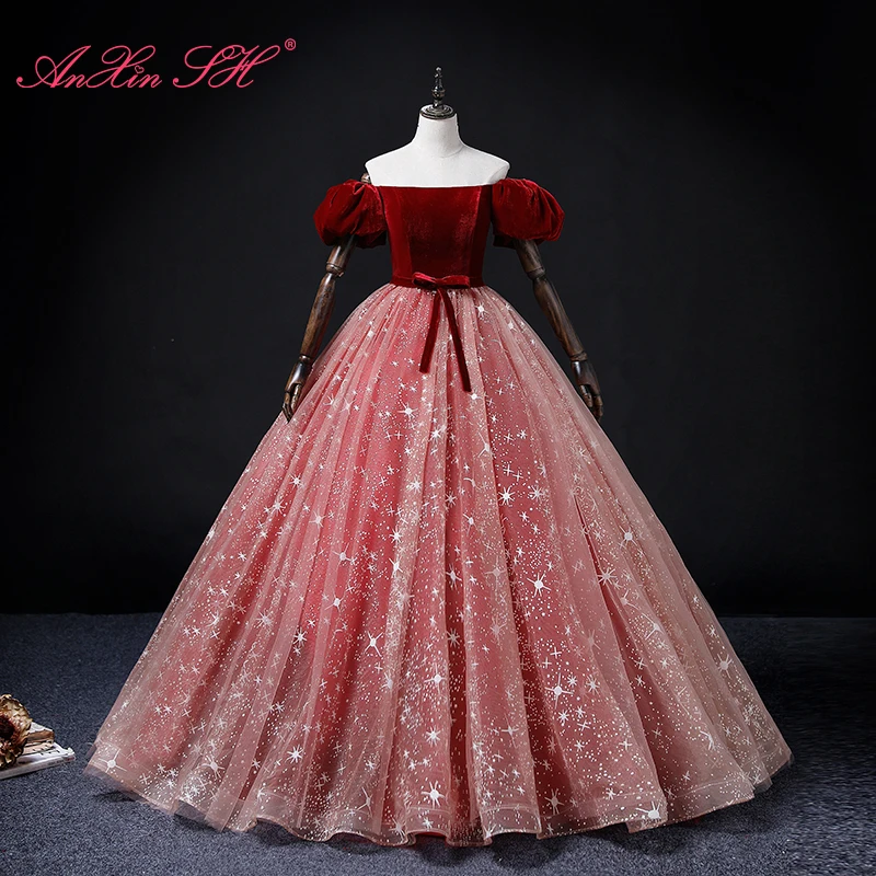 AnXin SH vintage princess wine red velour boat neck puff sleeve little bow sparkly star ball gown stage customized evening dress