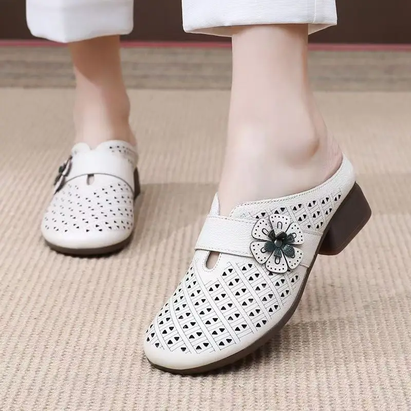 

Women Genuine Leather Baotou Low Heel Slippers Summer New Soft Sole Hollow Out Breathable Outdoor Half slippers Mom Sandals
