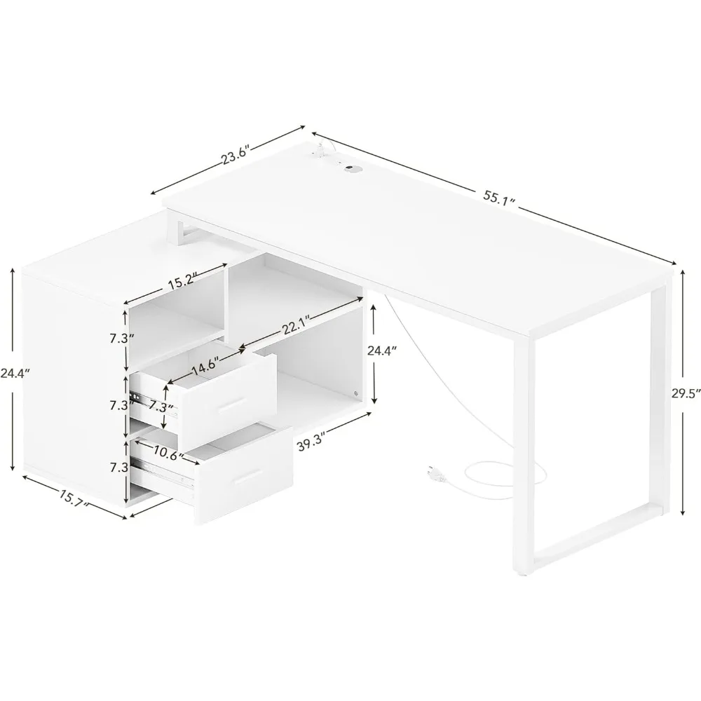 L Shaped Desk with Drawers&Shelves, 55'' Corner Computer Desk with Power Outlets, Reversible PC Table with Storage File Cabinet