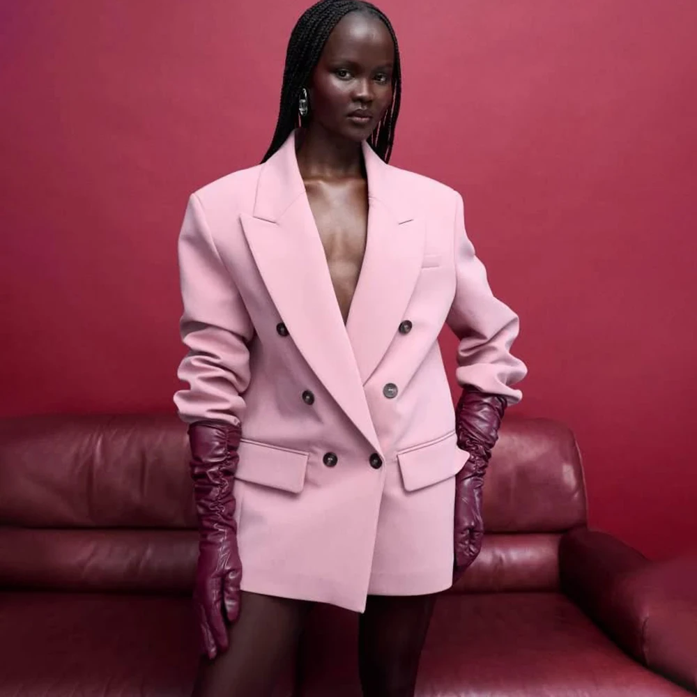 Chic Tailored Women's Oversized Pink Blazer Dress Double Breasted Peaked Lapel Long Sleeve Formal Dinner Party Jacket
