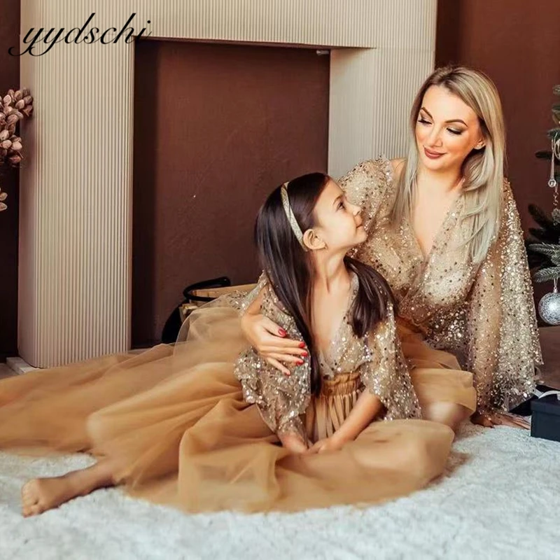 Customized Boho Dresses for Mother and Daughter Soft Shiny Natural Sequins Birthday Party A-line Tulle Flower Girl Vintage Dress