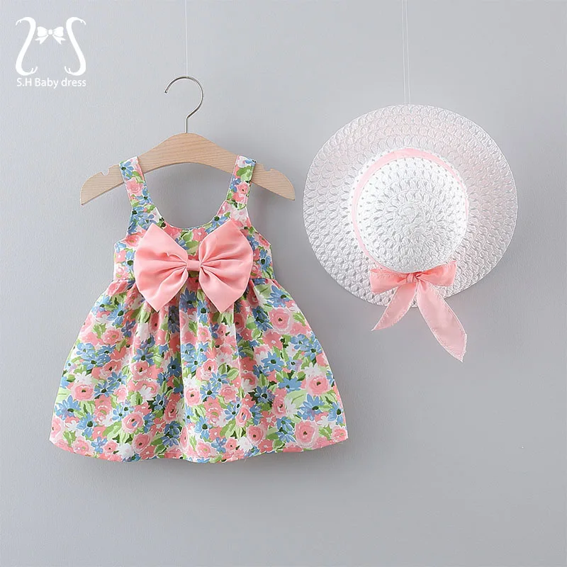 2Pcs/Set Summer Delicate Baby Girl Dress Sweet Floral Bow 0-3 Y Toddler Beach Dresses Kids\' Costumn Cute Children Clothing + Hat