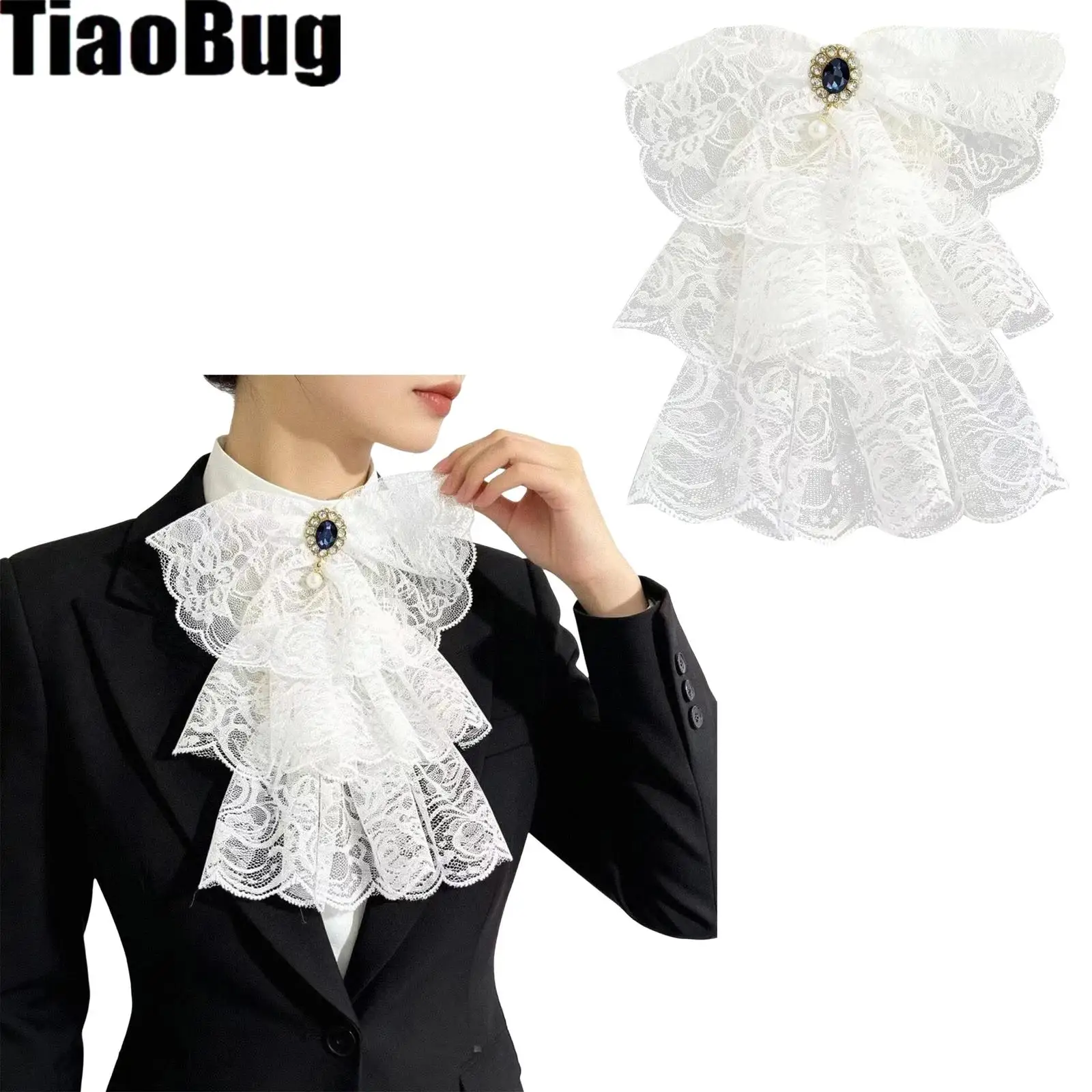 Victorian Vintage Lace Jabot Collar with Gem Decor Multi-layer Lace Ruffles Fake Collar Detachable Necktie for Women Cosplay