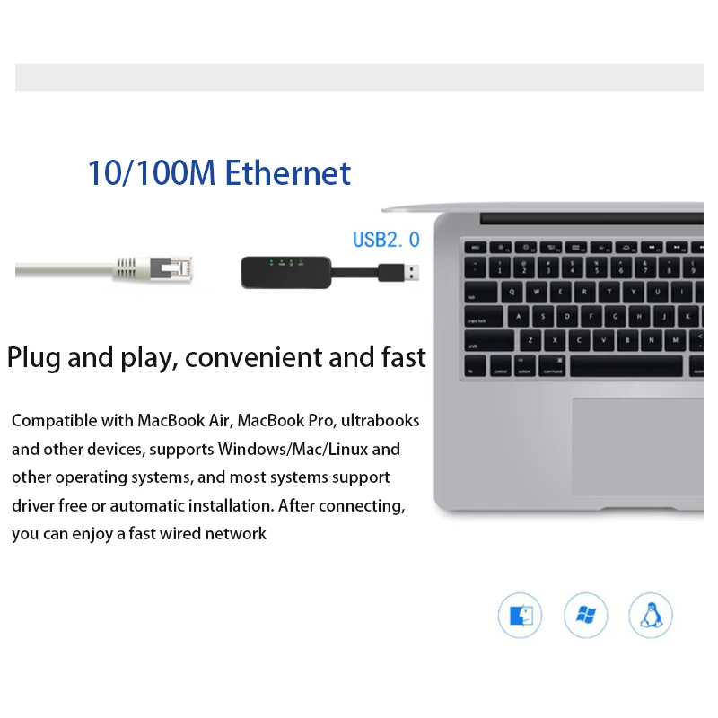 유선 네트워크 카드 RJ-45 LAN 어댑터, 플러그 앤 플레이 USB 2.0-이더넷 케이블, 게임 적응형 이더넷 컨버터, 100Mbps, 10 m, 100m