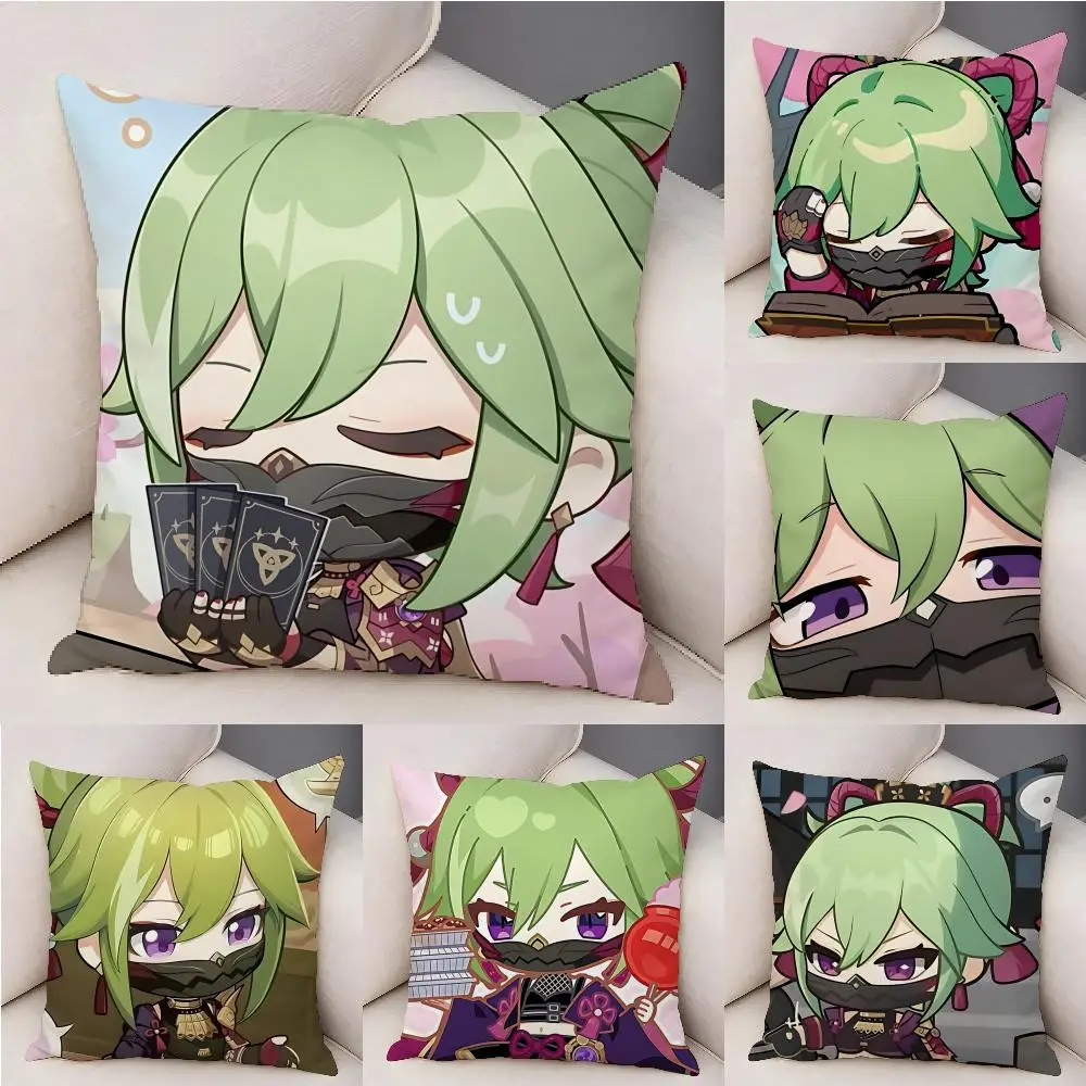 

Kuki Shinobu Cute Genshin Cushion Cover Natural Linen Organic Fabric Double-Sided Printing Breathable For Decor