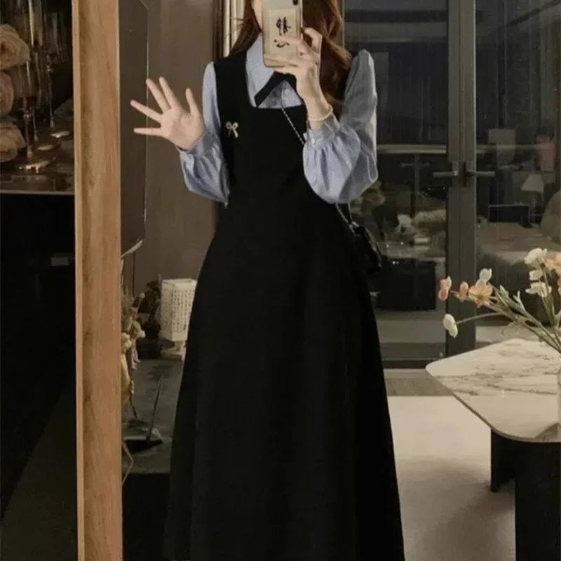 ชุดเดรสแขนยาวทรงหลวมสไตล์นักศึกษา กระโปรงยาวลายทาง เสื้อเชิ้ตต่อผ้าแบบสองชิ้นหลอกๆ