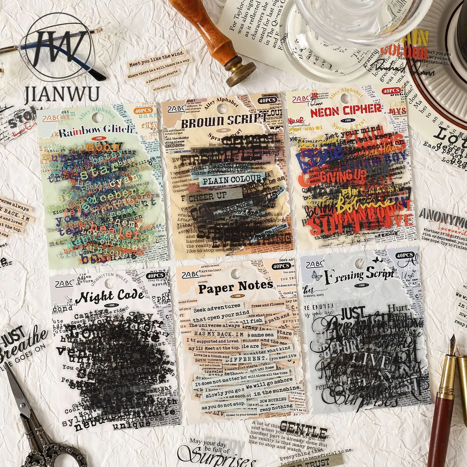 JIANWU Whispers Between Words Series Vintage English Text Landscape Material Collage PET Sticker Creative DIY Journal Stationery
