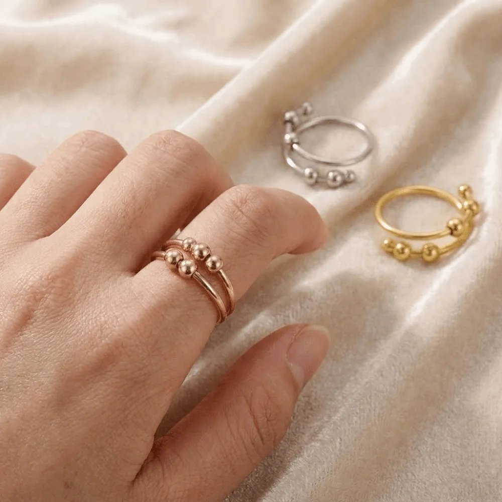 New Stainless Steel Anti Stress Jewelry Rotating Freely Open Design Spinner Ring Elegant Beads Adjustable Finger Ring Daily