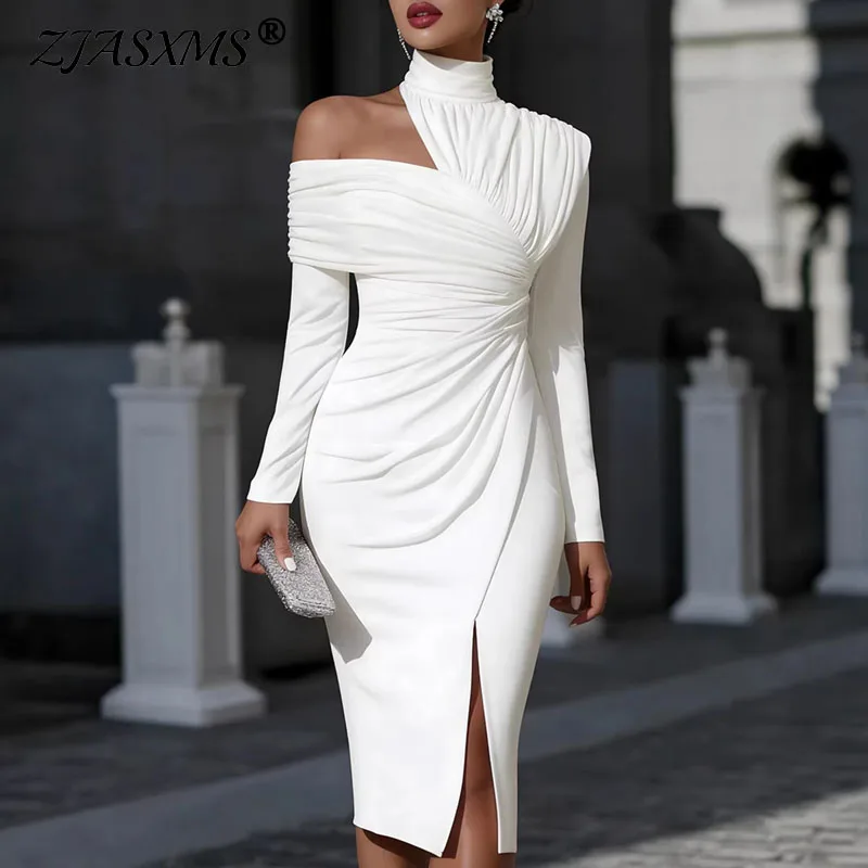 Elegant Asymmetric Off Shoulder Midi Dress Women High Neck Long Sleeve Ruched Office Dress Spring Long Sleeve Slit Party Dresses - AliExpress 200000345 Elegant Asymmetric Off Shoulder Midi Dress Women High Neck Long Sleeve Ruched Office Dress Spring Long Sleeve Slit Party Dresses - AliExpress 200000345