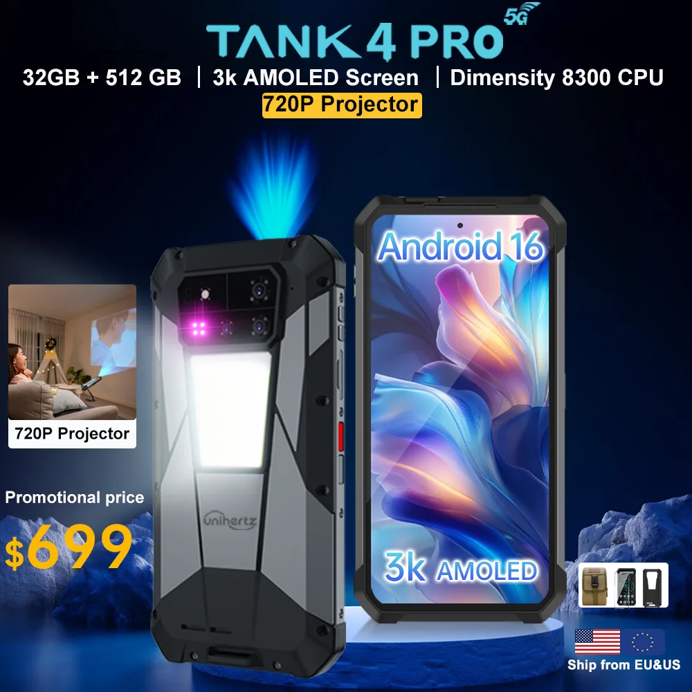 【Première mondiale】Unihertz par 8849 Tank 4 pro Smartphone 5G avec projecteur 720P Dimensity 8300 36 Go + 1 To Téléphone portable 3k AMOLED