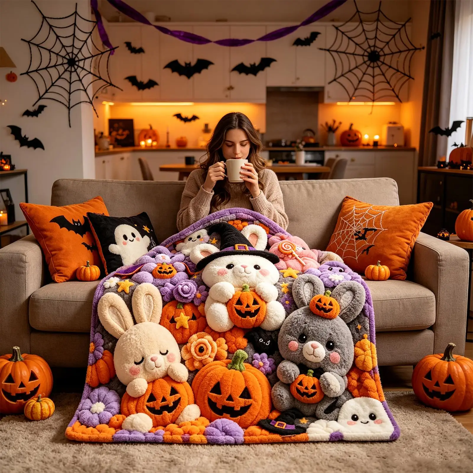 200*150cm Cute Halloween Rabbit Print Flannel Blanket Soft Warm Bunny Pumpkin for Home Bedroom Living Room School Dorm Couch