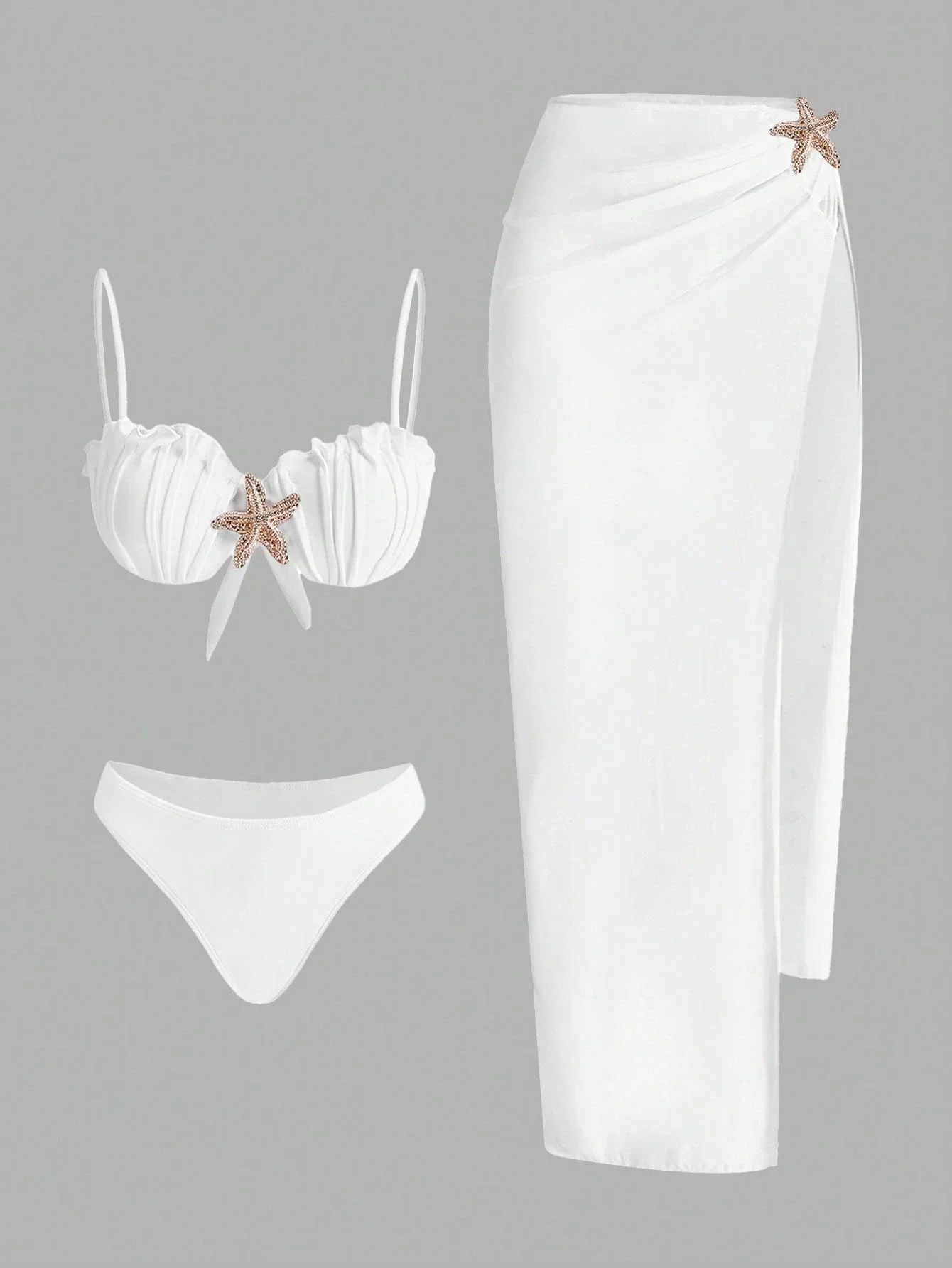 White Bohemian Style Ruched Bikini Set With Starfish Applique And Beach Skirt