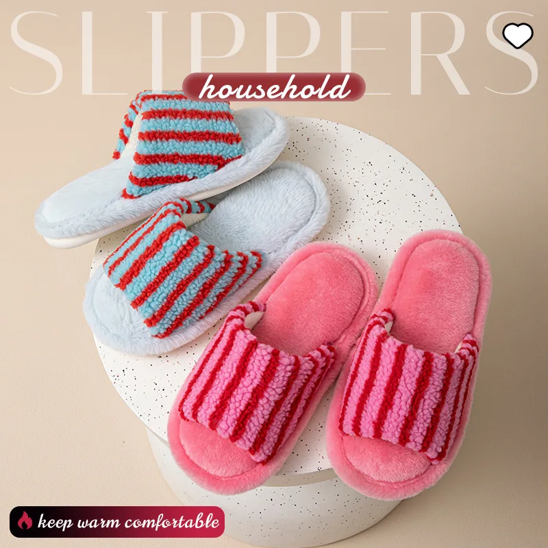 Autumn and Winter New Striped Contrast Open Women's Cotton Slippers Fashion and Cute Fur Slippers Home Non-slip Plush Slippers
