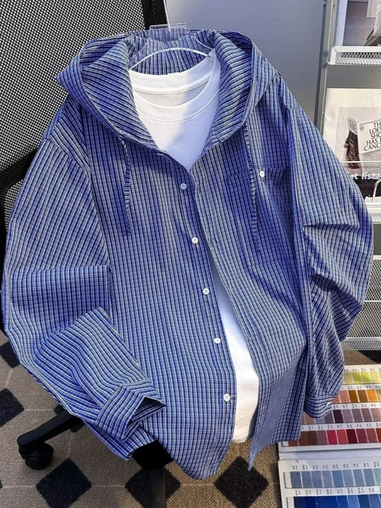 

Hip Hop Hooded Blouse Jacket Harajuku Men Women Couples Blue Plaid Long Sleeve Shirt Button Up Outerwear Spring Casual Coats