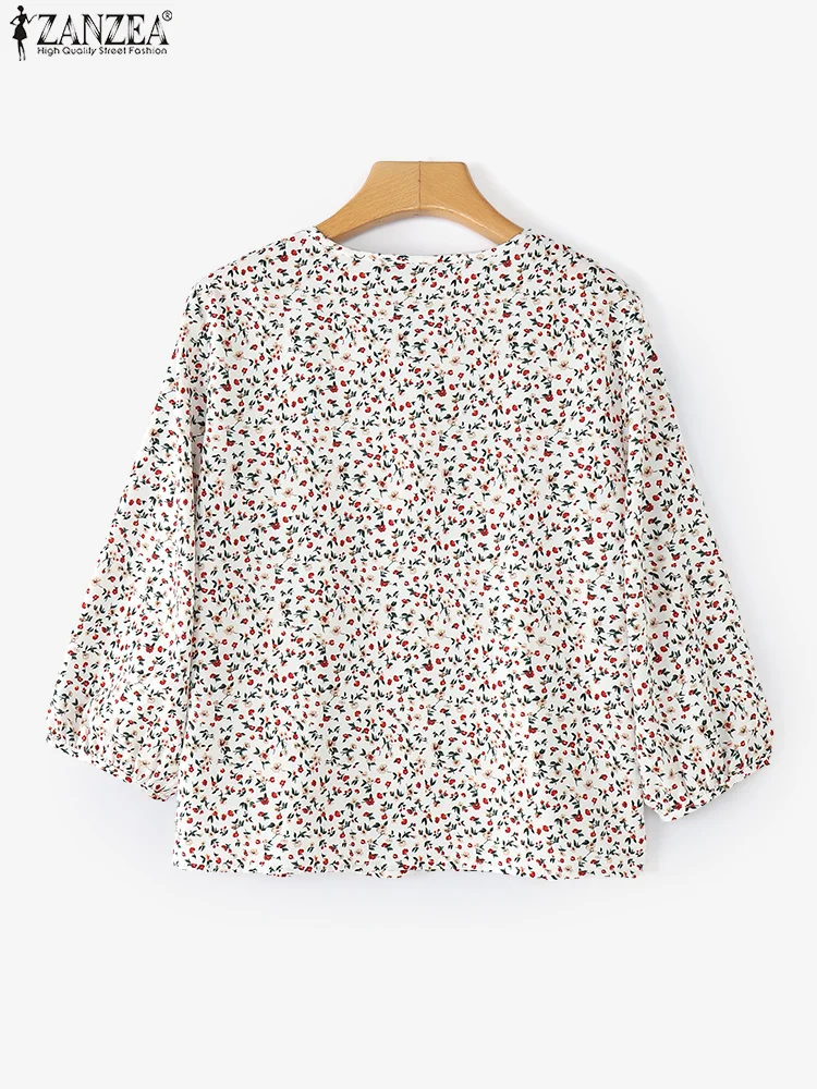 ZANZEA 2025 Camicie estive da donna Camicetta con stampa floreale bohemien Top Moda fasciatura pieghettata Casual Manica 3/4 Vintage Blusas Femme