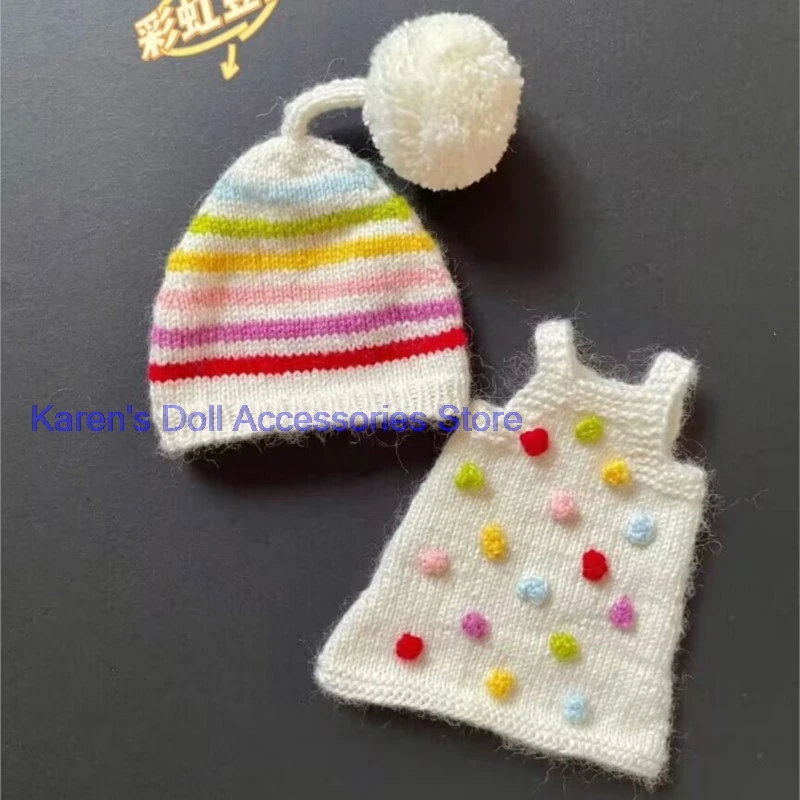 2pcs Colorful Bean Double-Breasted Skirt, Striped Hat for Blythe/landoudou(Fit for Lulu,ymy24,Ob22,24,26,zone, Jenny)