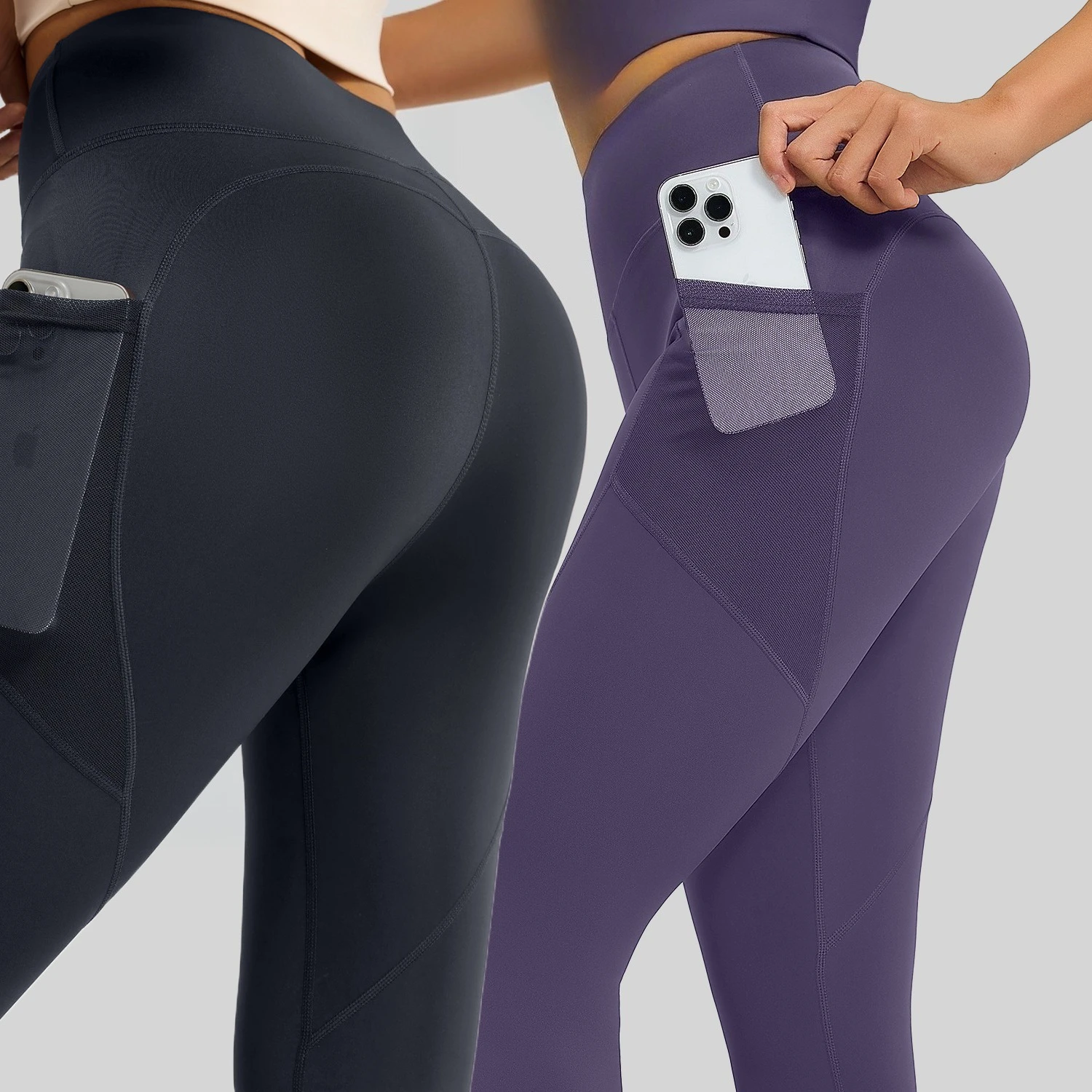 High Waist Yoga Long Pants with Pockets Can Hold Mobile Phone,Elastic Tummy Control Hip Lift Peach Leggings for Running Fitness