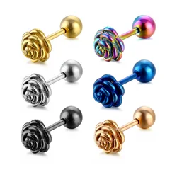 2Pcs/1Pair Blooming Roses Stud Earrings For Women Stainless Steel Screw Ball Ear Cartilage Studs Charm Jewelry