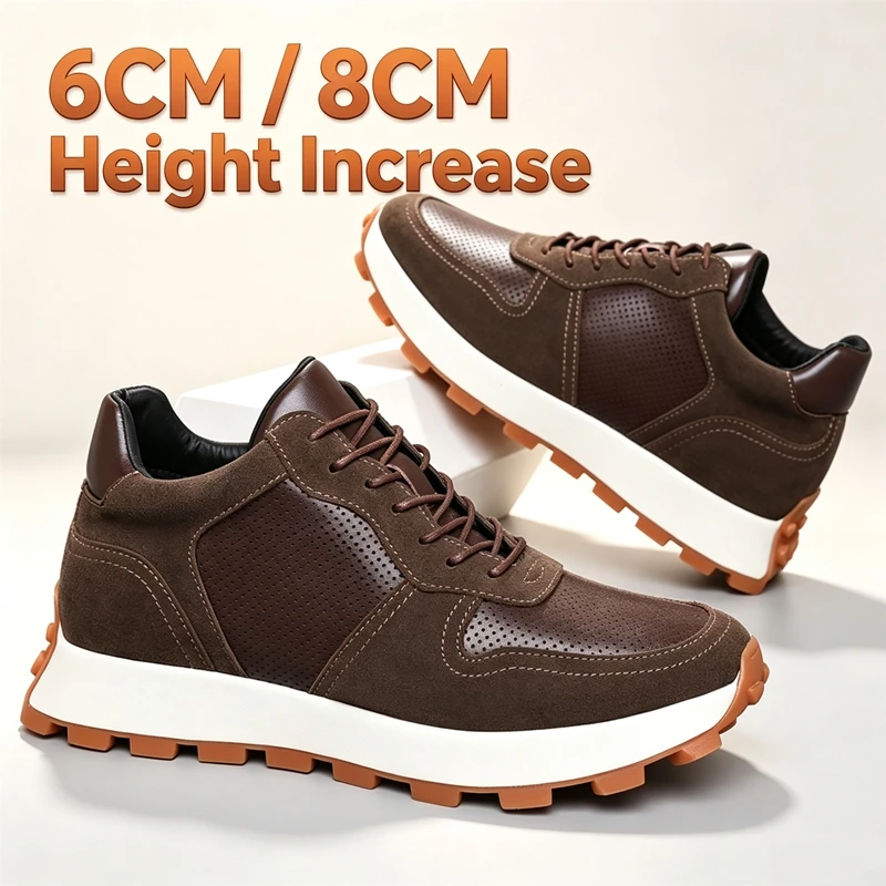 Vintage Patchwork Suede Leather Men Elevator Shoes 6CM 8CM Hidden Height Boost Breathable Non Slip Casual Running Sneakers