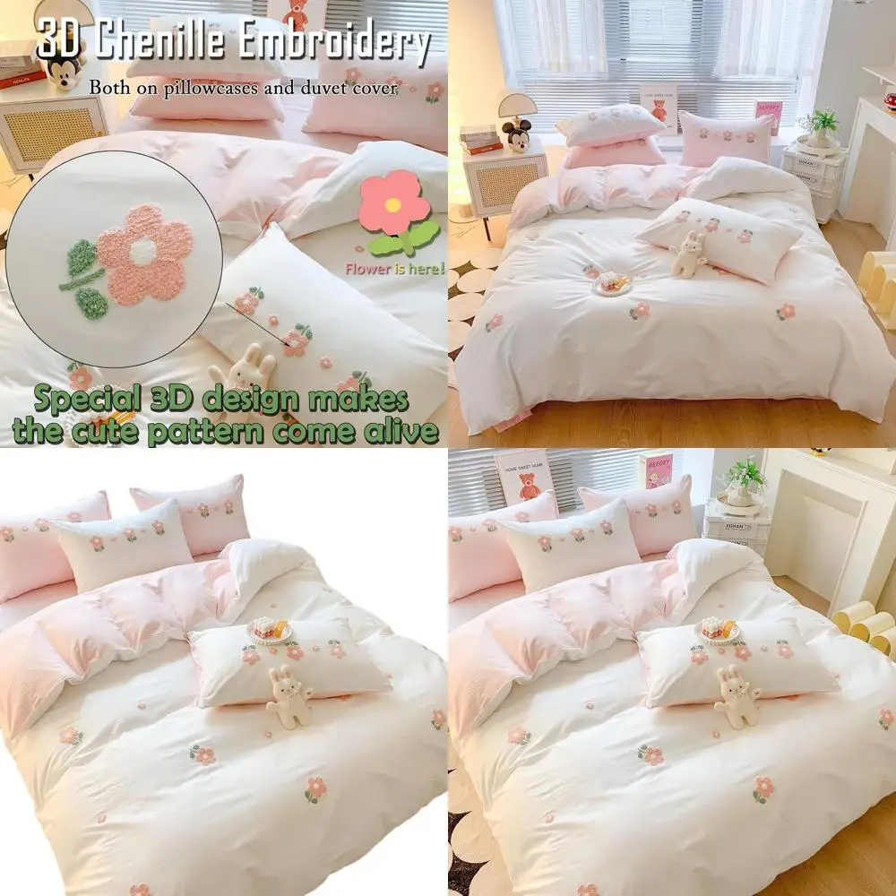 

Queen Size Cotton Duvet Cover Set with 3D Floral Embroidery, Soft Chenille, Breathable and Sweat-Absorbent, Ideal for Girls and