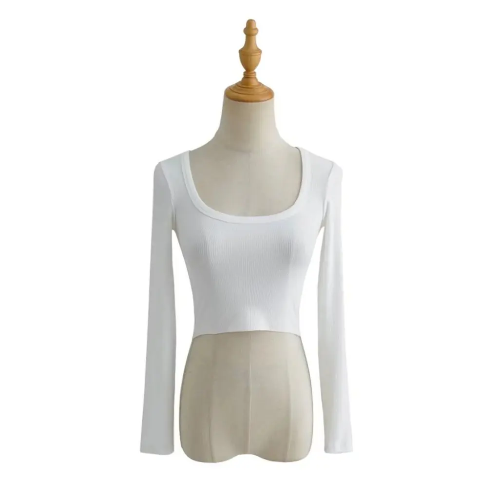 

Trendy Women's Long Sleeve T-Shirt Big round Neck Base Shirt Stretch Solid Color High Waist Navel Exposure Short Top by YPFF