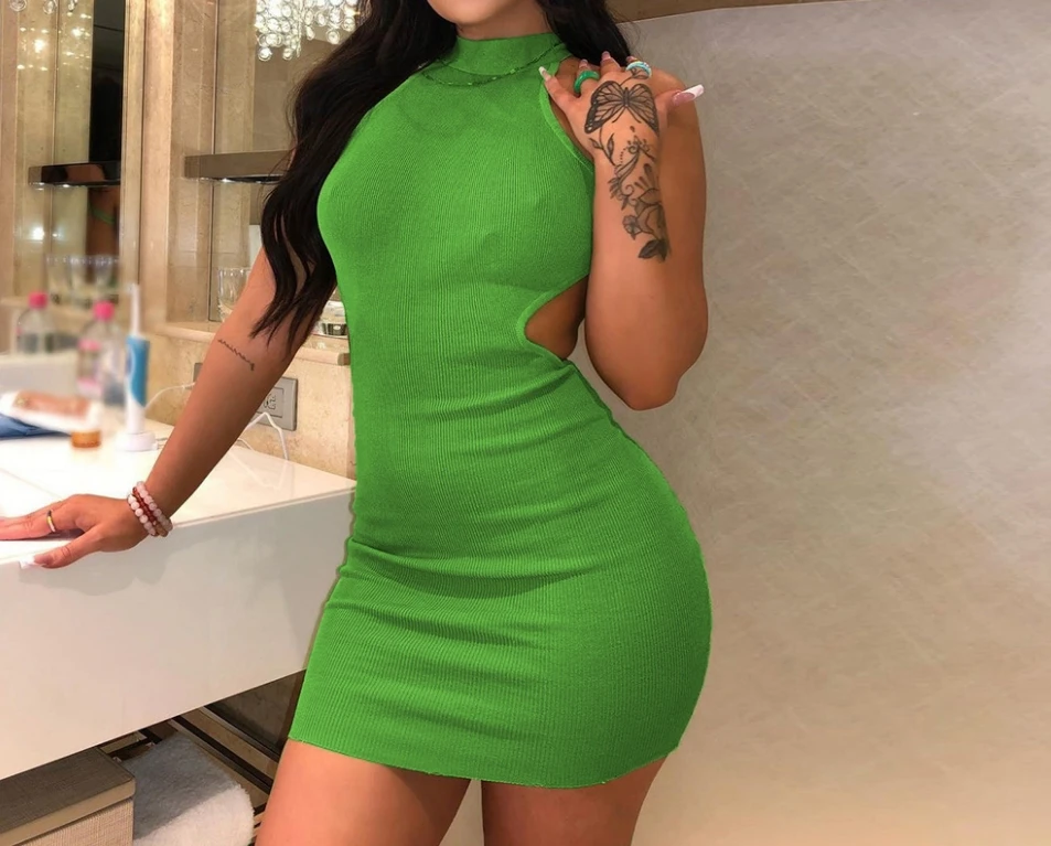 

Sexy Women's Dress 2024 knit Turtleneck Hollowed-Out Wrapped Chest Sleeveless Backless high Waist Hip Skinny Bodycon Mini Dress