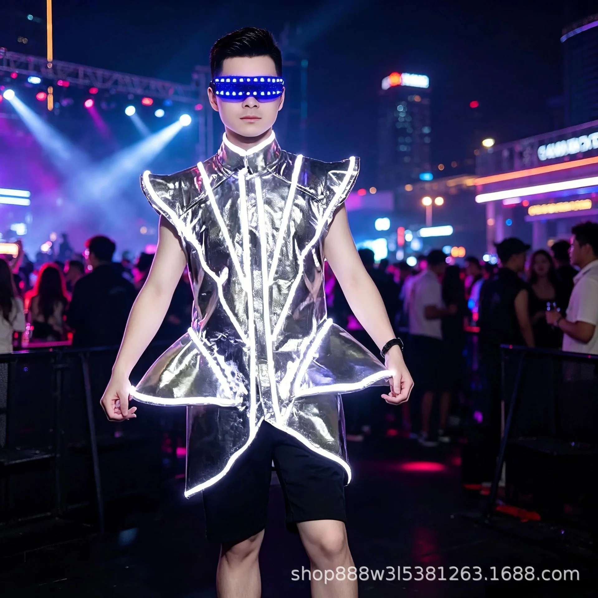 Nightclub LED Dance Costume Men DJ Flash Light up Rave Outfit Music Festival Stage Performance Suit