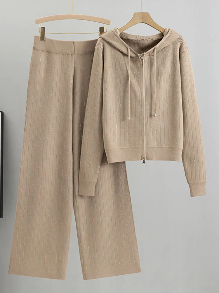 Chic Knit 2 Pieces Sets Korean Hooded Knitwear Long Sleeve Short Cardigan Tops Conjuntos Women High Waist Loose Sweatpants Suit