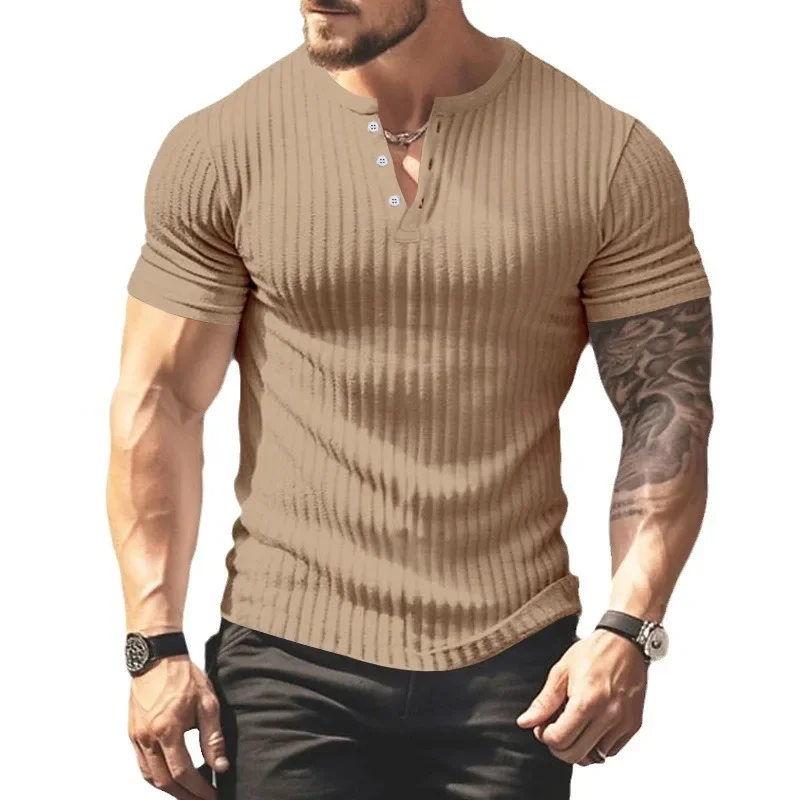 Summer Men\'s T Shirts Solid Color V-neck Short Sleeve Knit Elastic Force Casual Men Clothing Streetwear Tee Tops S-3XL