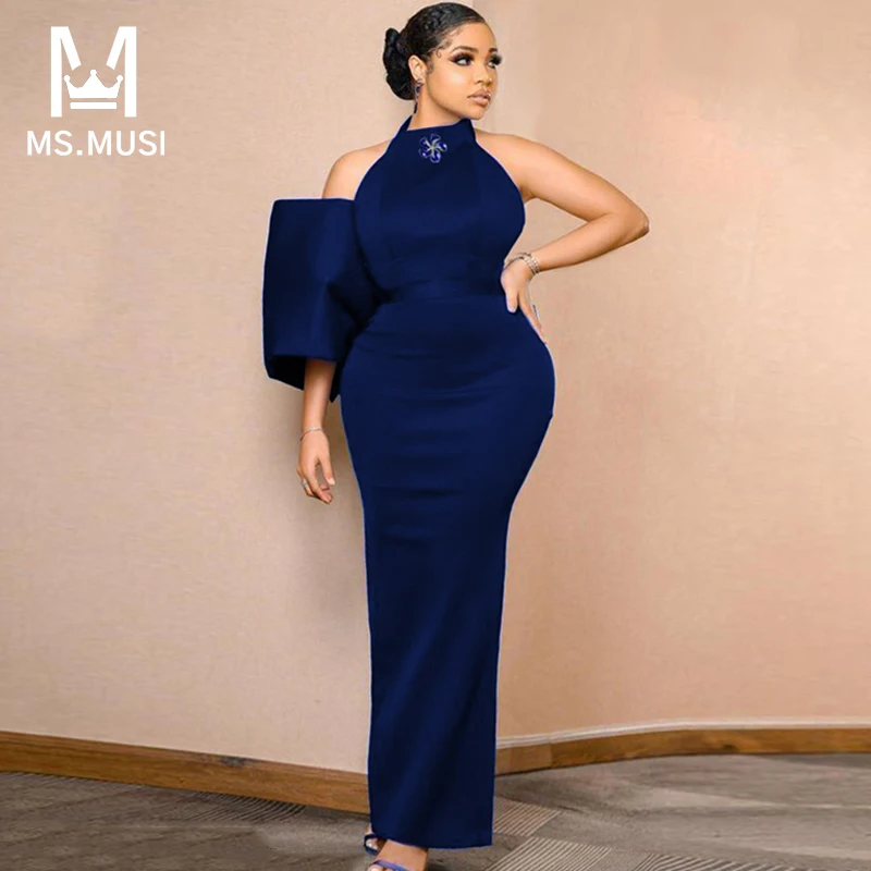 

MSMUSI 2023 New Fashion Women Sexy One Shoulder Off The Shoulder Halter Short Sleeve Bodycon Party Club Maxi Dress Long Gown