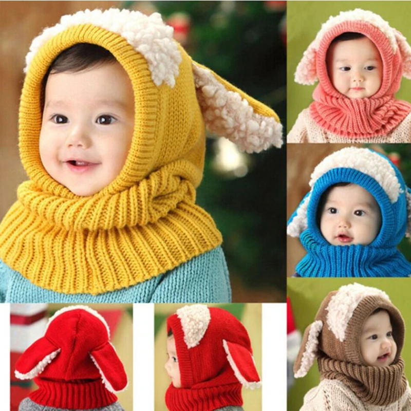 New 5 Colors Baby Winter Hat With Scarf Toddler Winter Beanie Warm Hat Hooded Scarf Earflap Knitted Cap Cute Kids Hat Scarf Set