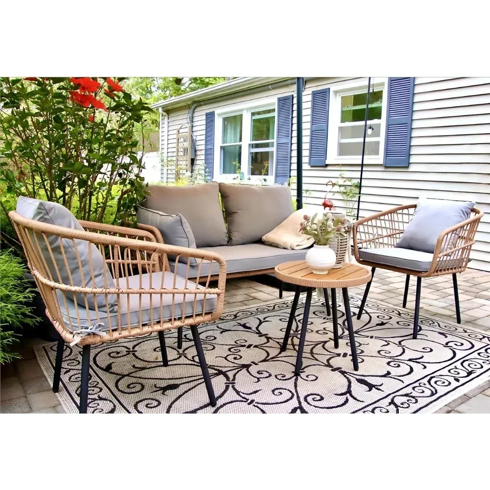 

4 Pieces Patio Furniture Set, Outdoor All-Weather Rattan Conversation Set with Loveseat Chairs Table Soft Cushions for Backyard