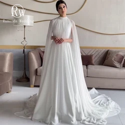 Ramanda Simple Saudi Arabia High Neck Chiffon Sweep Train Wedding Dress Cape Sleeves Simple Pleats A-line Bridal Gown Customized